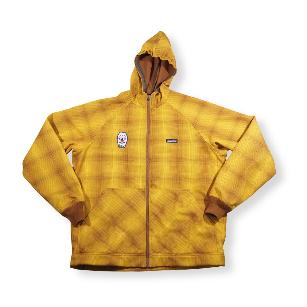 Patagonia Full Zip Hooded Fleece Jacket Mens L Yellow Plaid PN SA Patch 25480